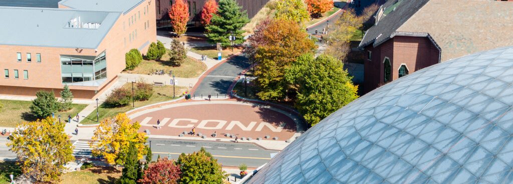 Aerial view of campus taken by Sydney Herdle/UConn Photo