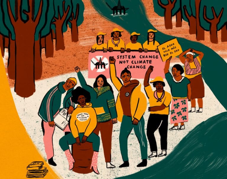 Illustration of a group of individuals holding different signs and wearing shirts that advocate for climate justice (i.e. 'System change not climate change')