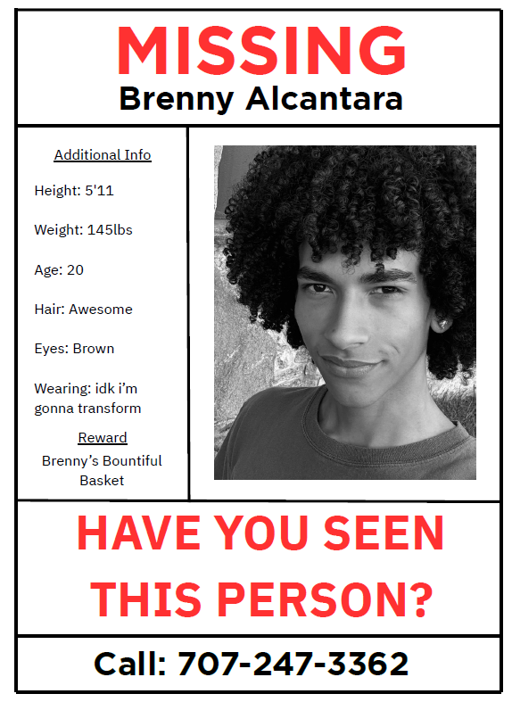 A joke Missing Person poster in white, red and grey.
