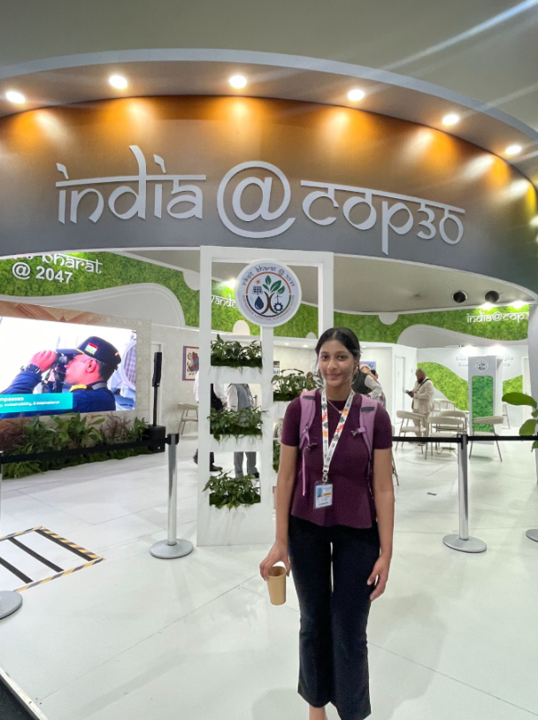 Pravani Rebala standing in front of the India pavilion